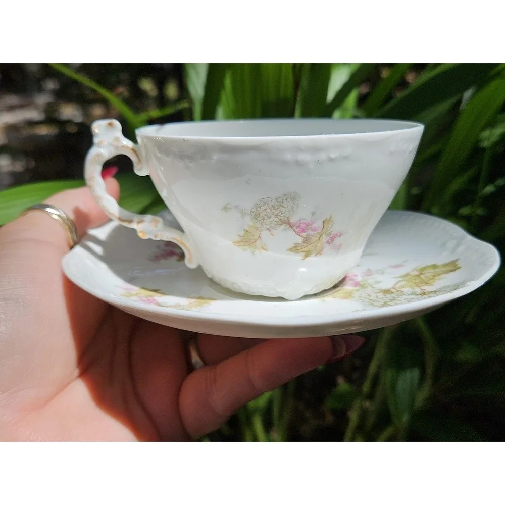 2 Tressemanes & Vogt T&V Limoges Teacup Saucer Scalloped Hydrangeas‎ Century VTG